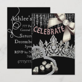 Svart och silver med krona diamanter rosa fest inbjudningar