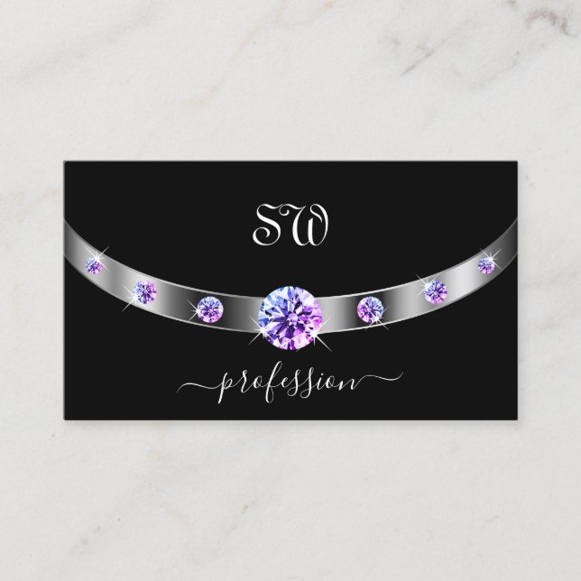 Svart och Silver med Lila Diamonds Monogrammed Visitkort (Framsida)
