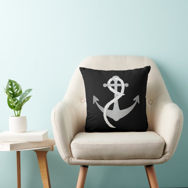 Svart och Silver Modern Nautical Anchor Sailing Kudde (Stol)