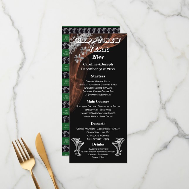 Svart och Silver, nyårsnasser för menu och champag Meny (Fram/Back In Situ)