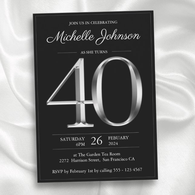 Svart och Silver Typografi 40:e födelsedagen Inbjudningar (Black and Silver Typography 40th Birthday Invitation)