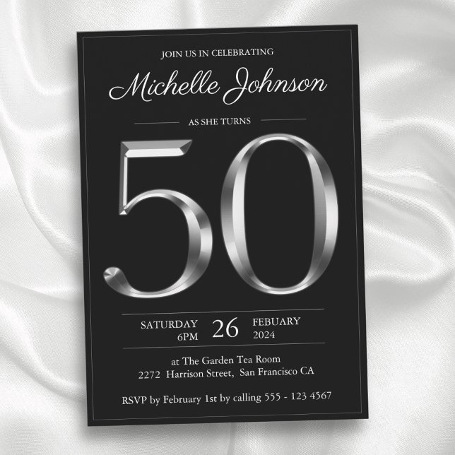 Svart och silver typografi 50-årsdag inbjudningar (Black and Silver Typography 50th Birthday Invitation)