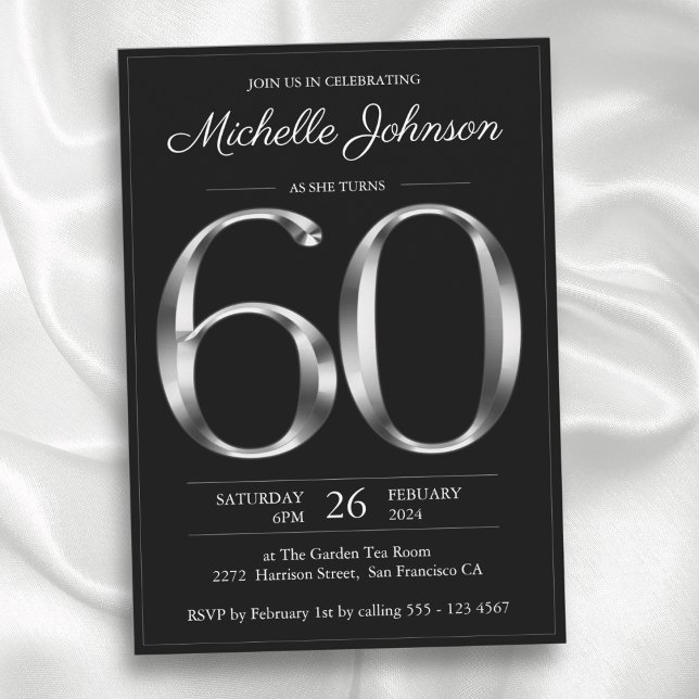 Svart och Silver Typografi 60:e födelsedagen Inbjudningar (Black and Silver Typography 60th Birthday Invitation)