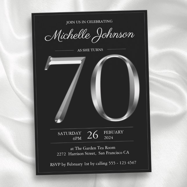 Svart och Silver Typografi 70:e födelsedagen Inbjudningar (Black and Silver Typography 70th Birthday Invitation)