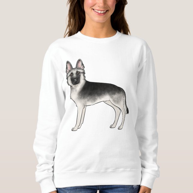 Svart Och Silver Tysk Shepherd Söt Tecknad Hund T Shirt (Framsida)