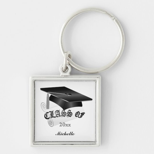 Svart och silverstudenten Keychain Fyrkantig Silverfärgad Nyckelring (Framsidan)
