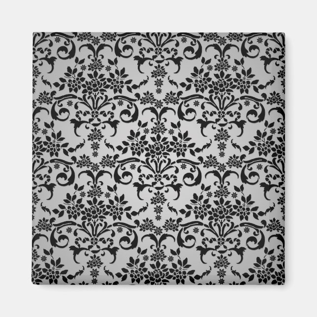Svart och silvervit blomsterdamastmönster magnet (Framsidan)