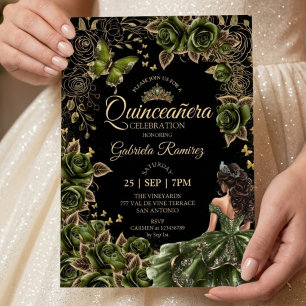 Svart och smaragdgrön Quinceañera gyllene tiara Inbjudningar