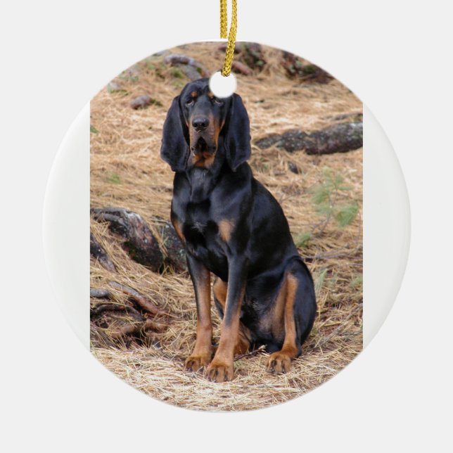 Svart och solbränd Coonhoundhund Julgransprydnad Keramik (Framsidan)