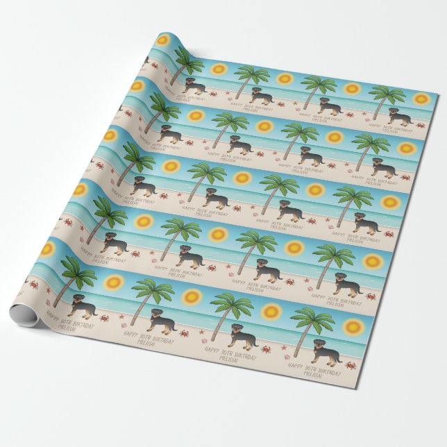 Svart och solbrännt Rottweiler på en tropisk somma Presentpapper (Utrullad)
