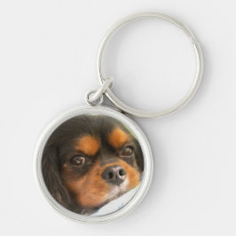 Svart och tan Cavalier King Charles Spaniel Nyckel Rund Silverfärgad Nyckelring