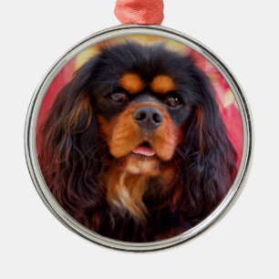 Svart och Tan Cavalier Kung Charles Spain Hund Julgransprydnad Metall