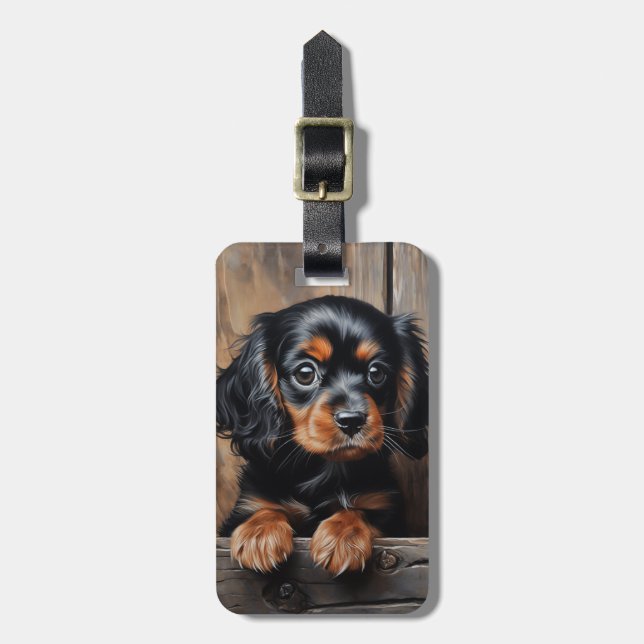 Svart och tan Cavalier puppy Bagagebricka (Vertikal Framsida)