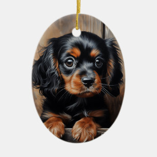 Svart och tan Cavalier puppy Julgransprydnad Keramik