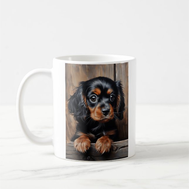 Svart och tan Cavalier puppy Kaffemugg (Vänster)
