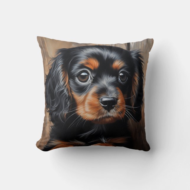 Svart och tan Cavalier puppy Kudde (Framsida)