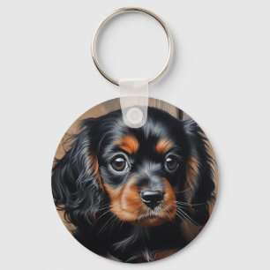 Svart och tan Cavalier puppy Nyckelring