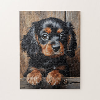 Svart och tan Cavalier puppy Pussel