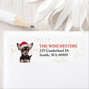 Svart och Tan Chihuahua Santa Hat-adressetikett Returadress Etikett