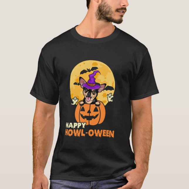 Svart och Tan Chihuahua Witch Happy halloween T Shirt (Framsida)