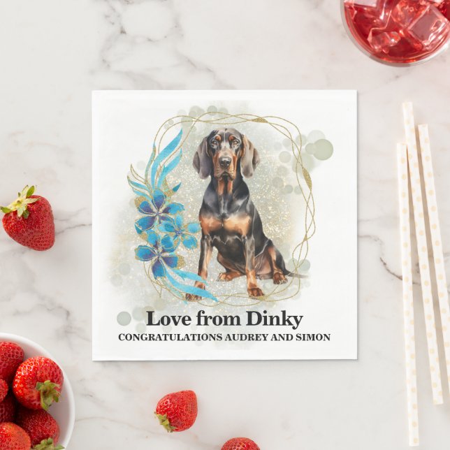 Svart och tan Coonhound Bröllop Napkins with Hunda Pappersservett (Insitu)