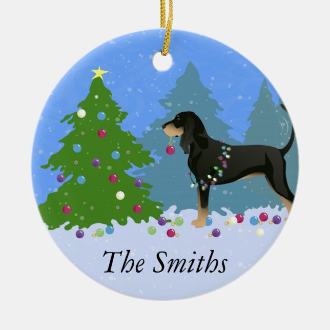 Svart och tan Coonhound Decoration Julgran Julgransprydnad Keramik (Framsidan)