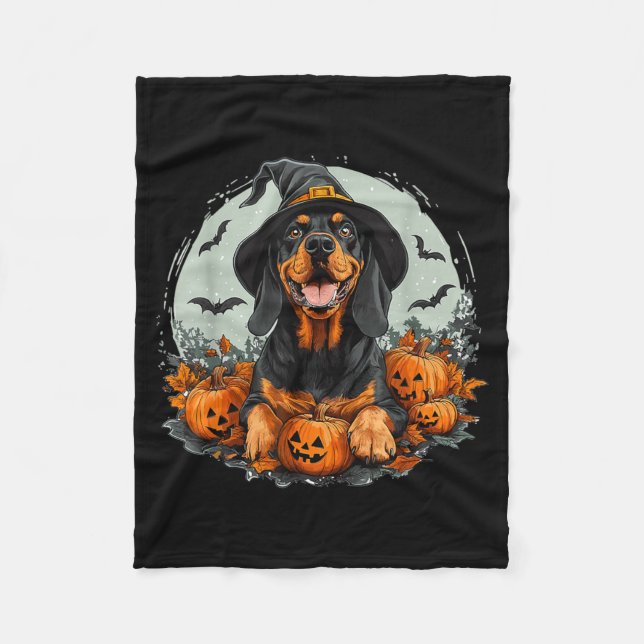 Svart Och Tan Coonhound Hund Med Hatt Halloween Fleecefilt (Framsidan)