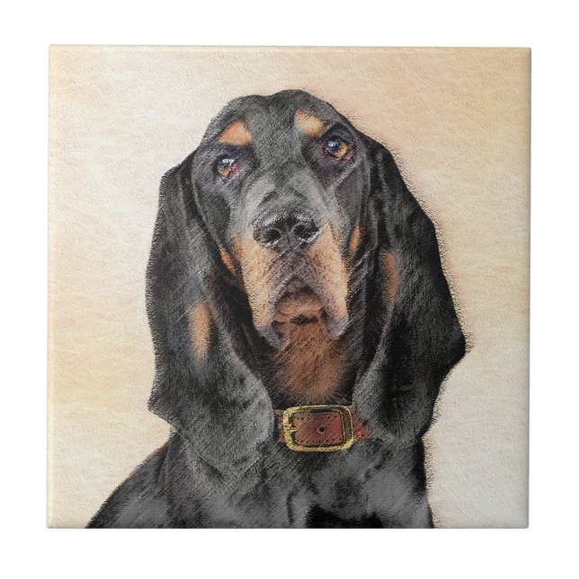 Svart och Tan Coonhound-målning - Original konst a Kakelplatta (Framsidan)