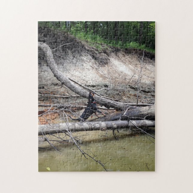 Svart och Tan Coonhound Treeing in River Pussel (Vertikal)