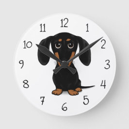Svart och Tan Dachshund-Hund Jackat med rött ljus Rund Klocka