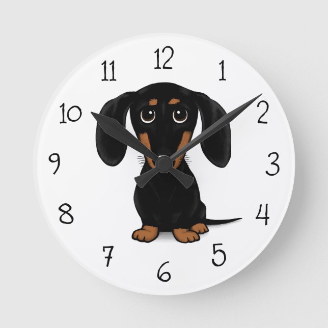 Svart och Tan Dachshund-Hund Jackat med rött ljus Rund Klocka (Framsida)