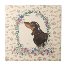 Svart och Tan Dachshund Hund Paw Print Blommigt Cu Kakelplatta