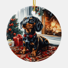 Svart och Tan Dachshund jul Julgransprydnad Keramik