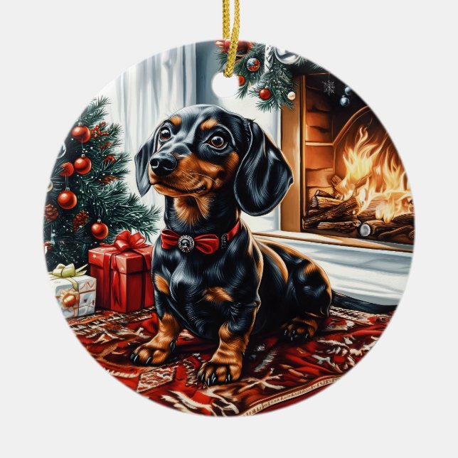 Svart och Tan Dachshund jul Julgransprydnad Keramik (Framsidan)