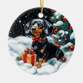 Svart och Tan Dachshund jul Julgransprydnad Keramik