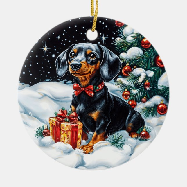 Svart och Tan Dachshund jul Julgransprydnad Keramik (Framsidan)
