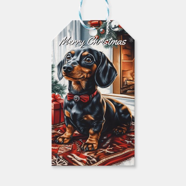 Svart och Tan Dachshund jul Presentetikett (Framsidan)