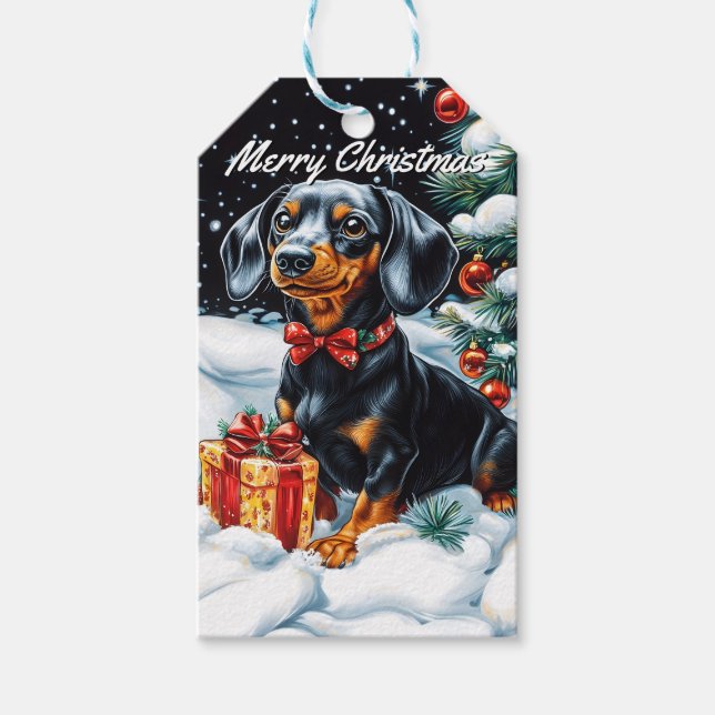 Svart och Tan Dachshund jul Presentetikett (Framsidan)