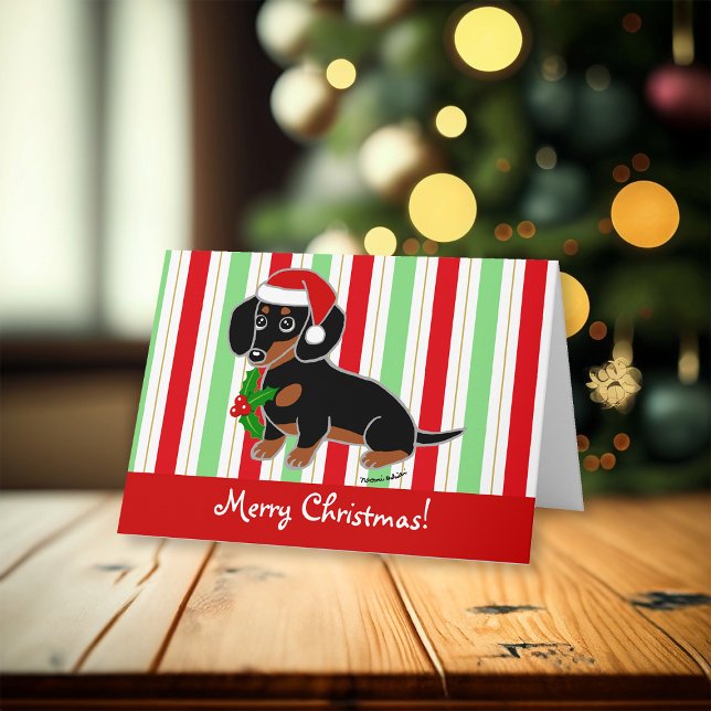 Svart och Tan Dachshund jultomten Helgkort (Black and Tan Smooth Haired Dachshund Santa Christmas Cards for Dachshund Owners.  Cartoon Design.)