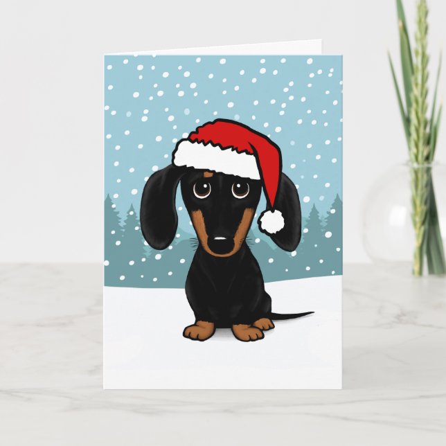 Svart och Tan Dachshund Santa Cute Hund jul Helgkort (Framsida)