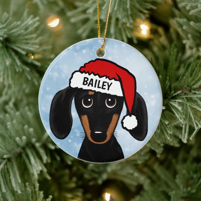 Svart och Tan Dachshund Santa Hund eget namn Julgransprydnad Keramik (Träd)