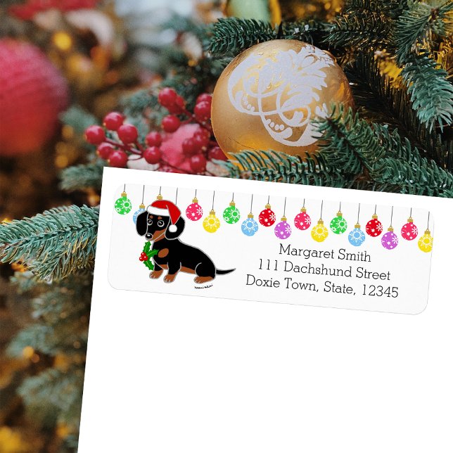 Svart och Tan Dachshund Santa Labels Returadress Etikett (Black and Tan Dachshund Santa Design Christmas Return Address Labels for Dachshund Owners.)