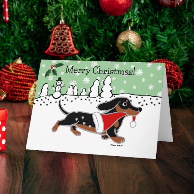 Svart och Tan Dachshund Snöflingor jul Helgkort (Black and Tan Dachshund Running Snowflakes Design Christmas Cards for Dachshund Owners.)
