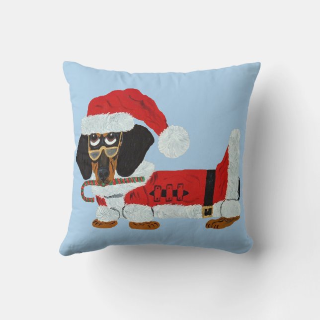 Svart och Tan Dachshund Tomte med en sockerrör  Kudde (Baksida)