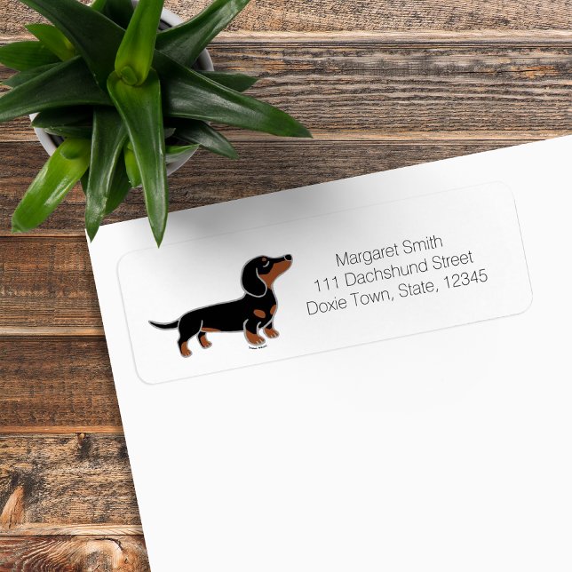 Svart och Tan Dackel i Pose Returadress Etikett (Black and Tan Dachshund Posing Cartoon Design Return Address Label for Dachshund Owners.)