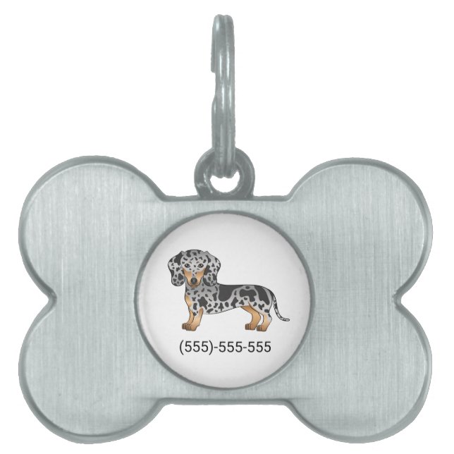 Svart Och Tan Dapple Korthårig Dachshund & Nummer ID-bricka Husdjur (Framsidan)