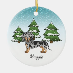 Svart och Tan Dapple Korthårig Dachshund på vinter Julgransprydnad Keramik