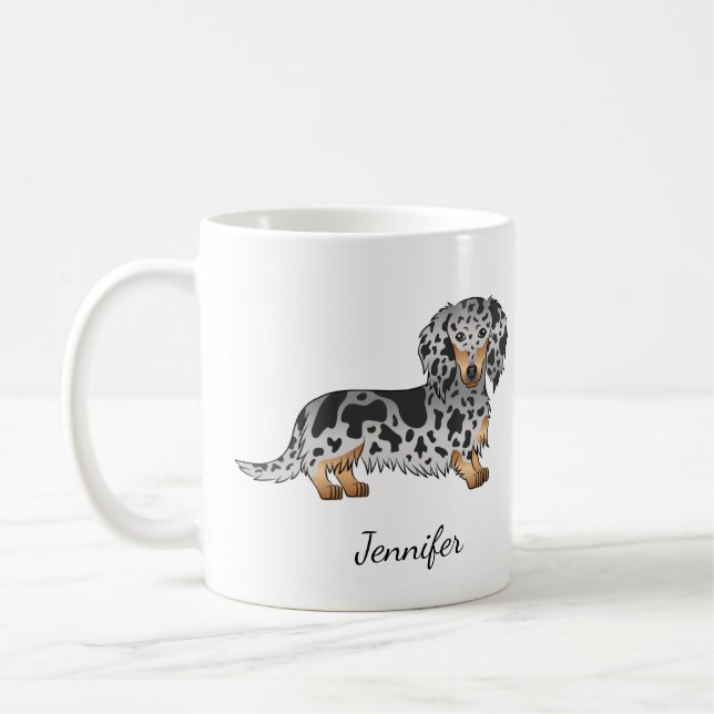 Svart Och Tan Dapple Långhårig Dachshund & Namn Kaffemugg (Vänster)