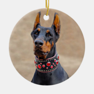 Svart och Tan Doberman Pinscher på judisk krage Julgransprydnad Keramik