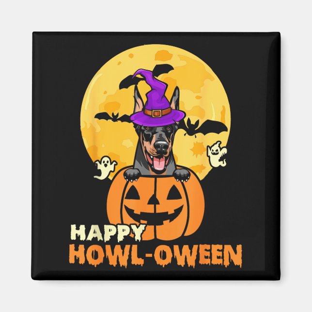 Svart Och Tan Dobermann Häxa Hund Glad Halloween Magnet (Framsidan)